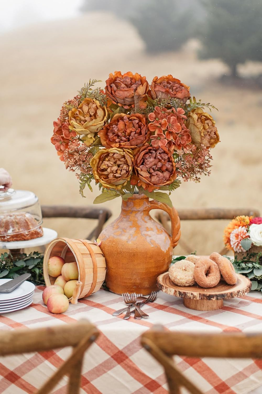 Hollyone 2Pcs Artificial Fall Flowers Bouquet 18.8" Burnt Orange Dried Peony Hydrangea Fake Fall