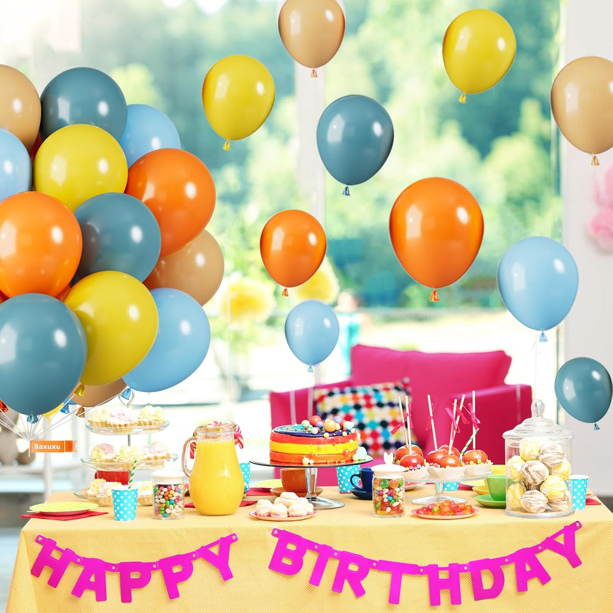 Blue Yellow and Orange Balloons, 12 Inch Retro Sea Blue Yellow Orange Balloons, Latex Helium
