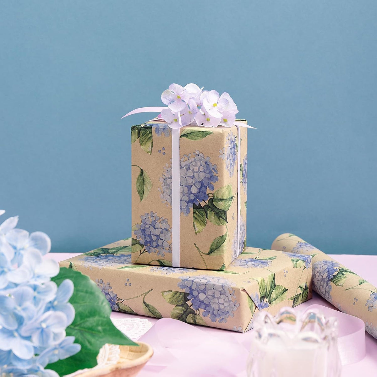 RUSPEPA Hydrangea Wrapping Paper for Women Girls, Mini Roll, Delicate Blooming Floral Gift Wrap