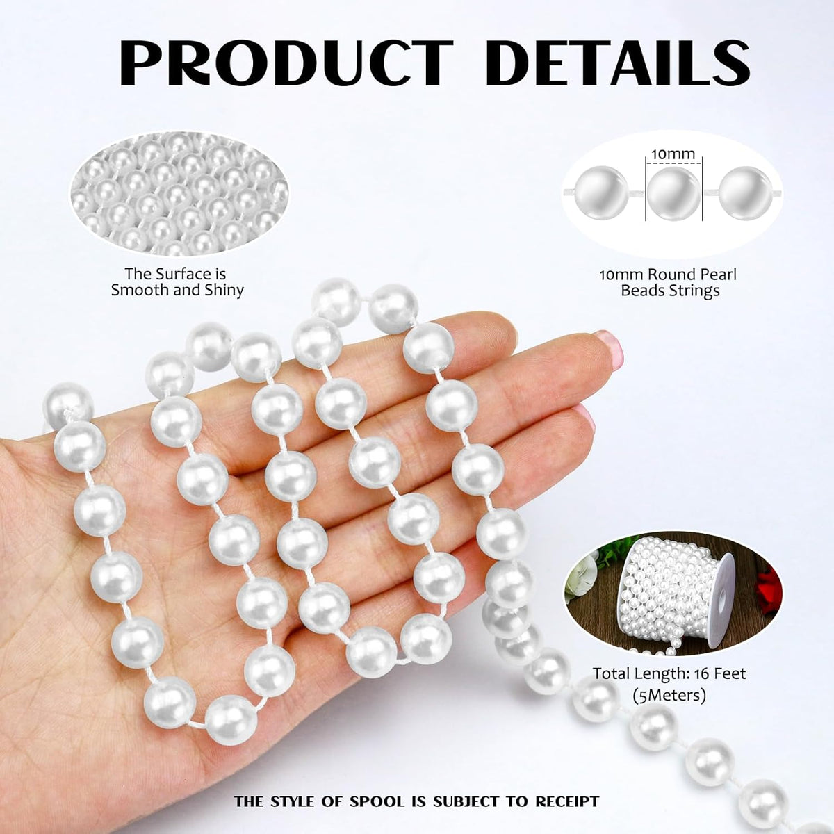 16 Feet 10mm Pearl Strings Garland for Crafts, Artificial Pearl Beaded Trim Chain Roll Strands for