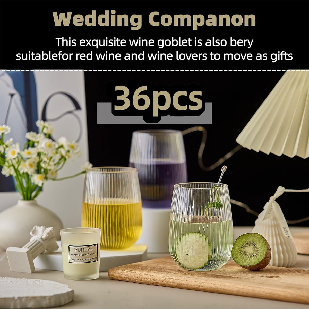 36 Pack Plastic Ribbed Wine Glasses, 15Oz Origami Disposable Wine Glasses Unbreakable Clear Plastic