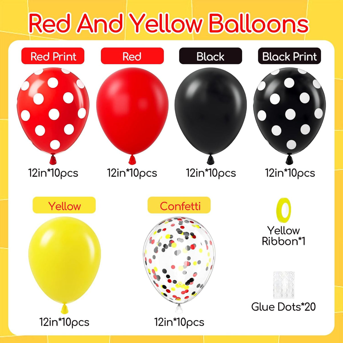 60pcs Red and Yellow Balloons 12inch with Red Print Confetti Black and Yellow Balloons for Baby