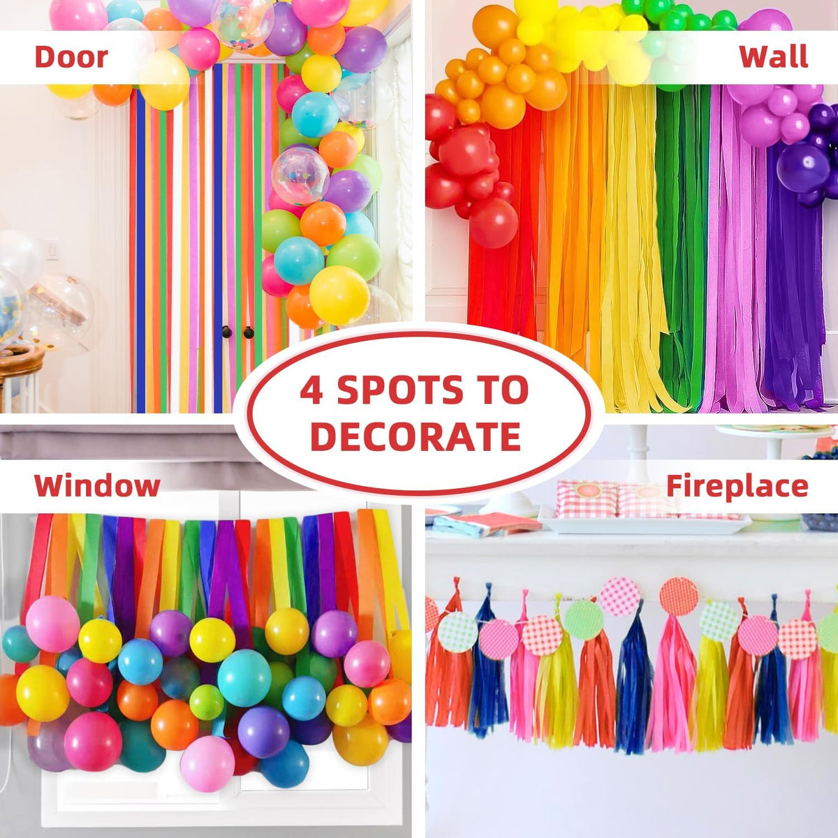 Crepe Paper Streamers 8 Rolls 656ft, Pack of Rainbow Assorted Colored Party Streamers for Party