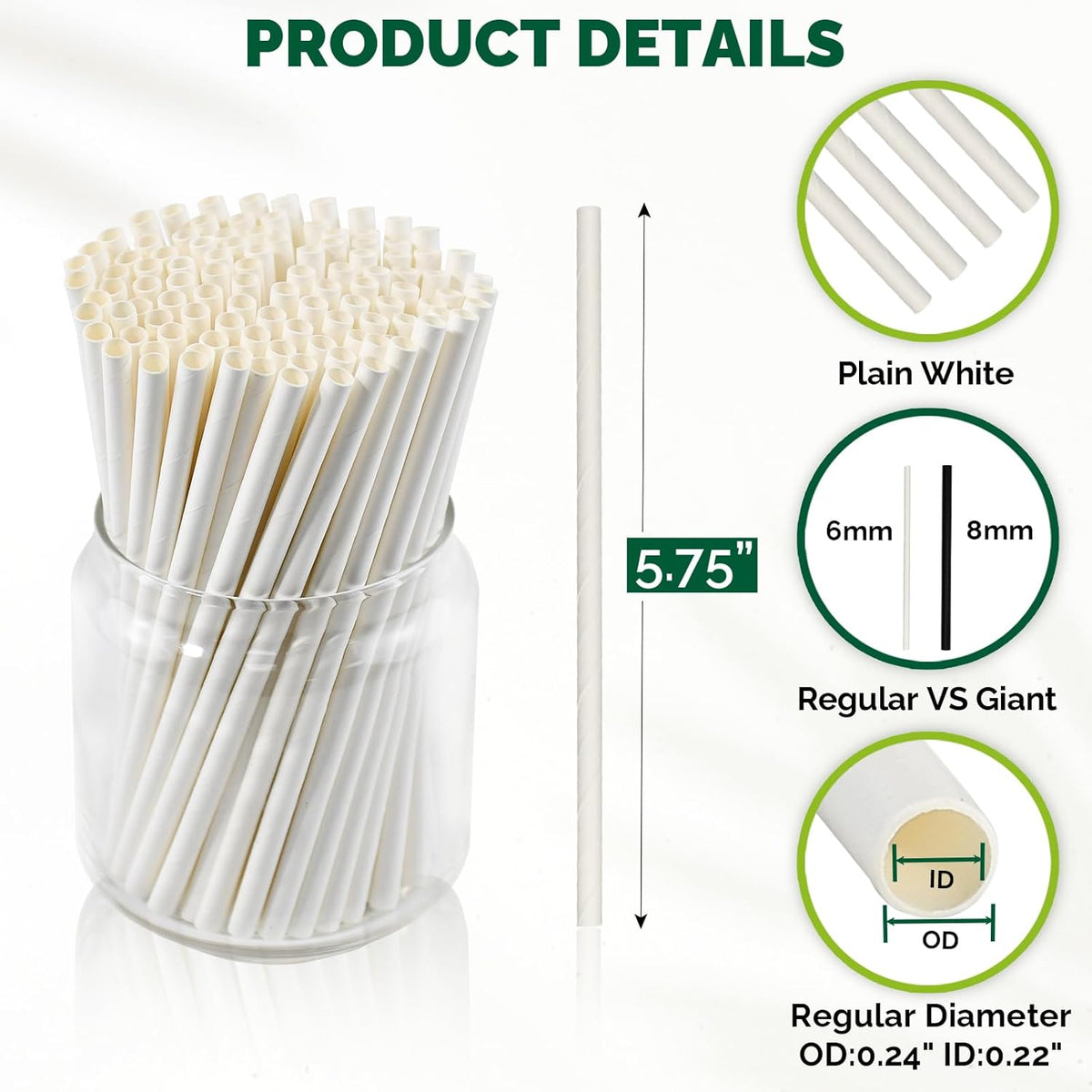 [500 Bulk] 5.75 inch White Small Paper Straws for Kids, Milk Cartons, Cocktail, Coffee, Short