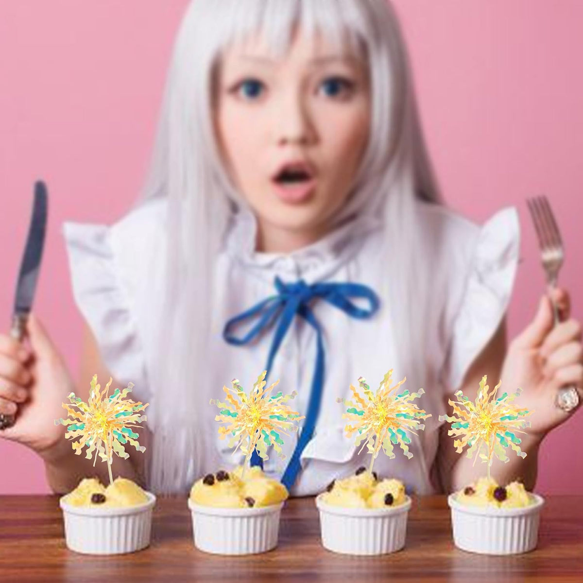 Gyufise 20Pcs Foil Firework Cupcake Toppers Happy Birthday Cake Toppers Tinsel Flower Drink