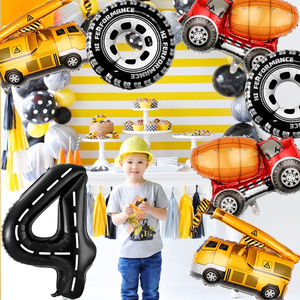 Construction Balloons 4rd Birthday Decorations for Boys 40inch Number 4 Balloons Truck Foil Balloon