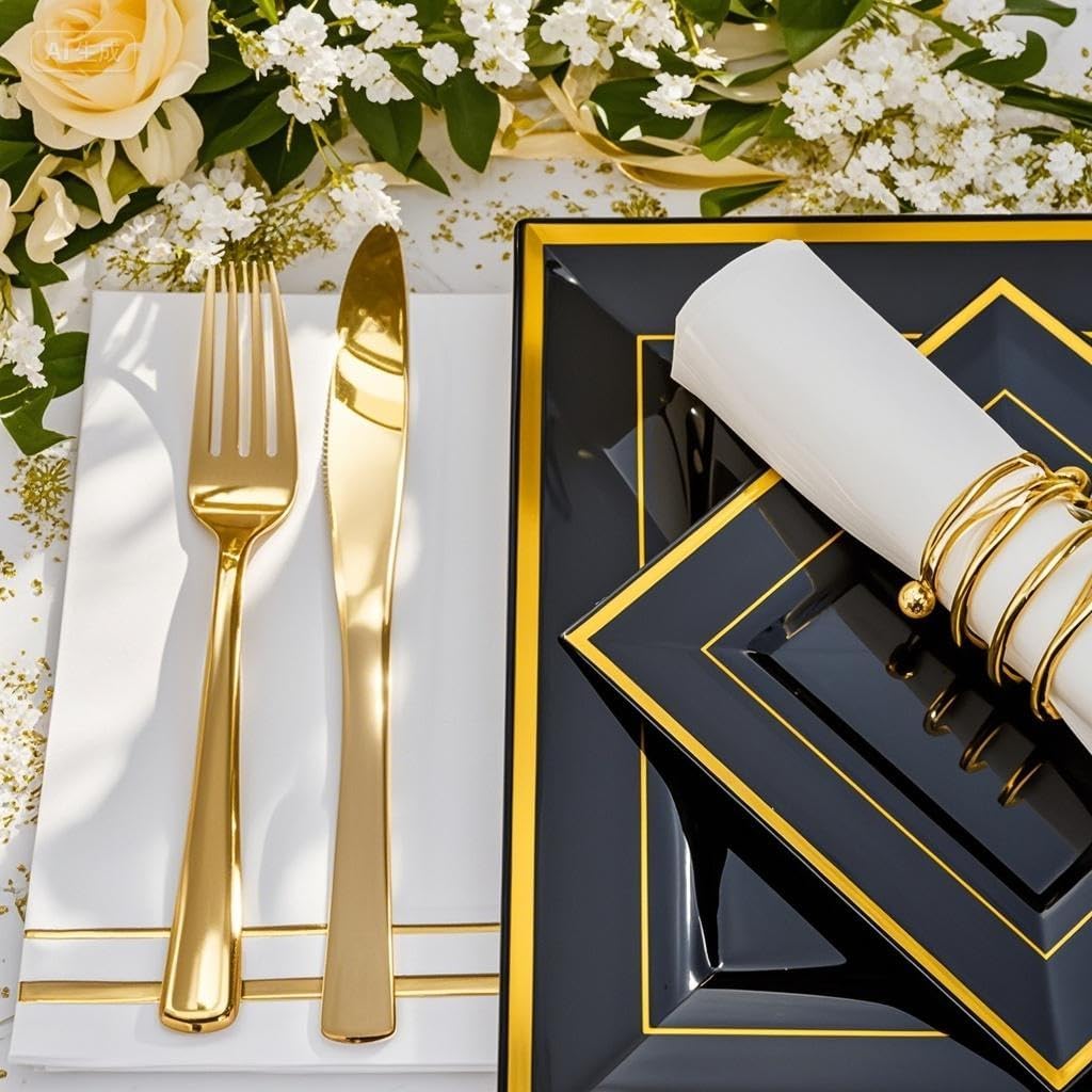 Festiva 350Pcs Black and Gold Plastic Plates-50Guests Disposable Square Black Dinnerware Set