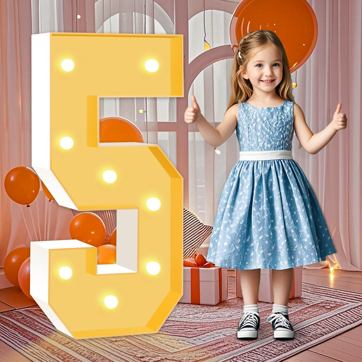 Marquee Light Up Numbers 5, Foam Board Mosaic Balloon Numbers with Light Bulbs, 3FT Marquee Sign