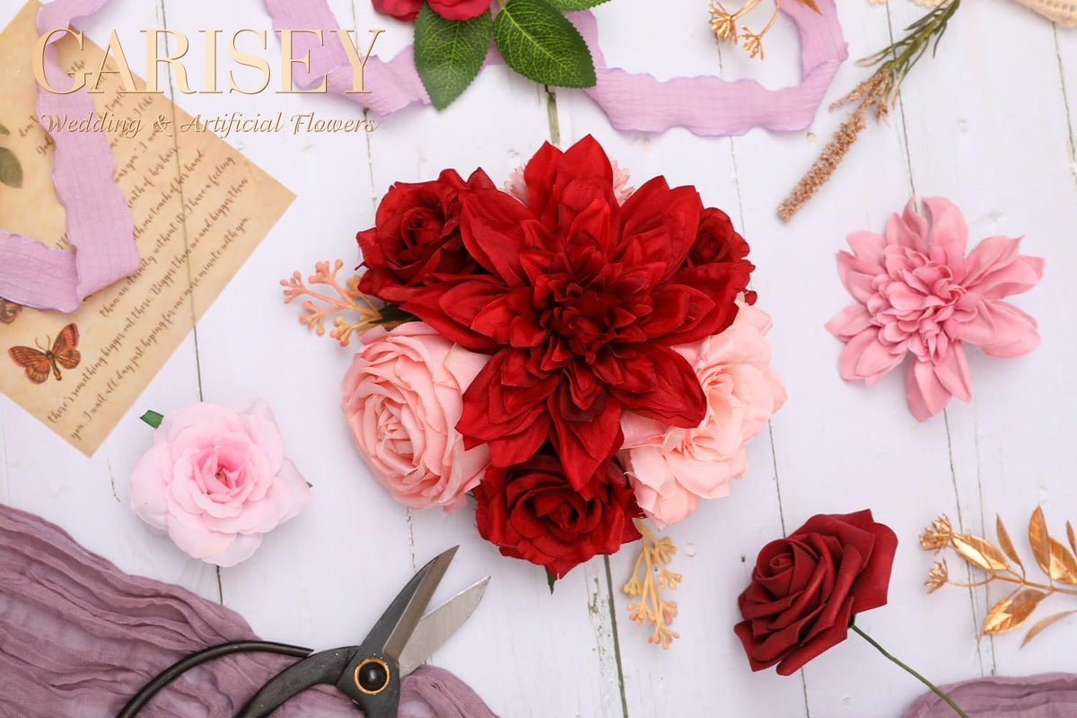 Artificial Flowers Combo, Mix Silk Flowers Roses, Peonies, Dahlias with Stems for DIY Wedding