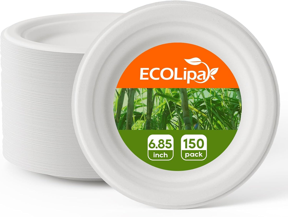 ECOLipak 6.85 Inch Compostable Dessert Paper Plates, 150 Pack Disposable Biodegradable Heavy Duty