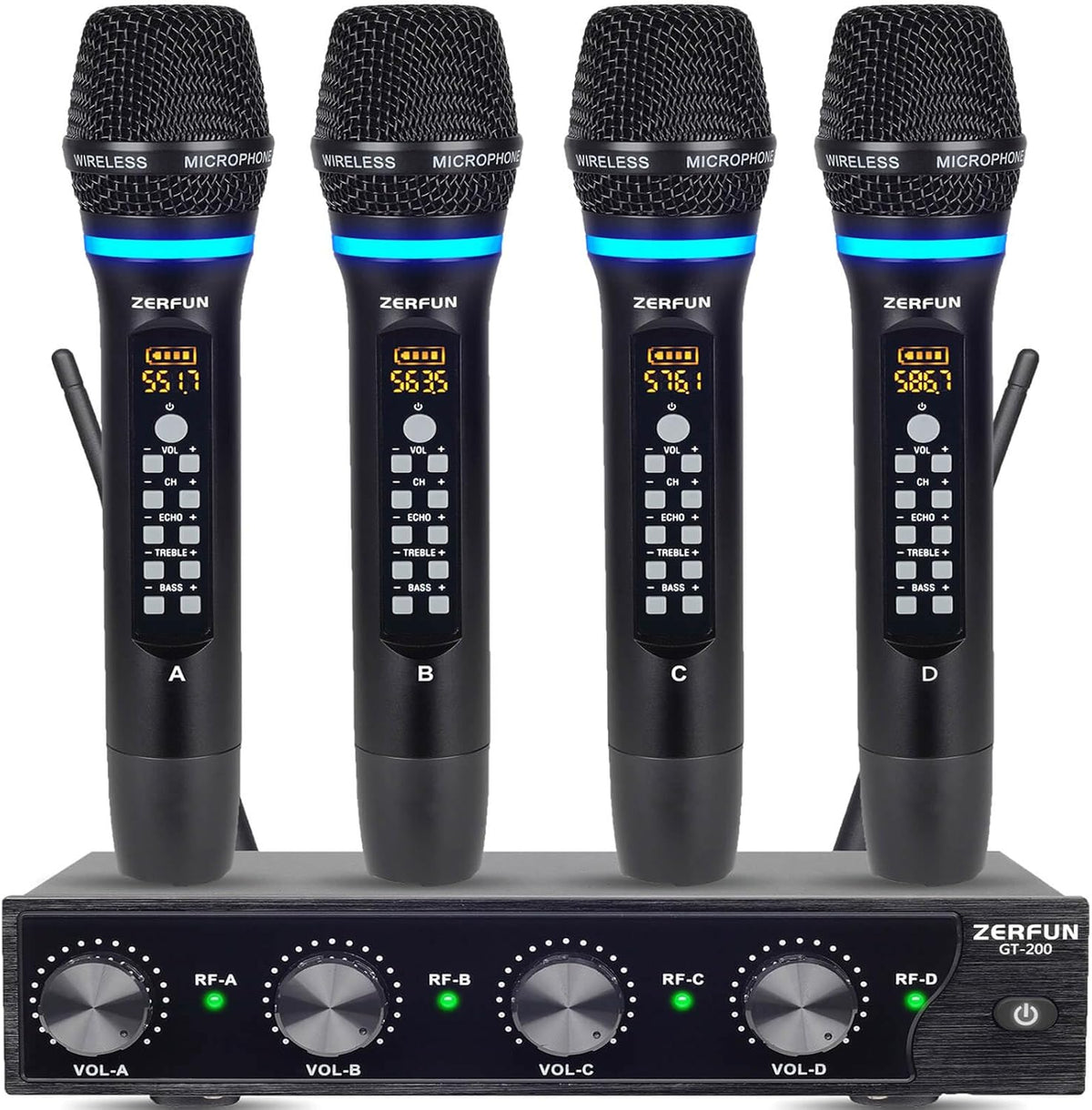 4 Channel Rechargeable Wireless Microphone System, Pro UHF Metal Handheld Wireless Microphones