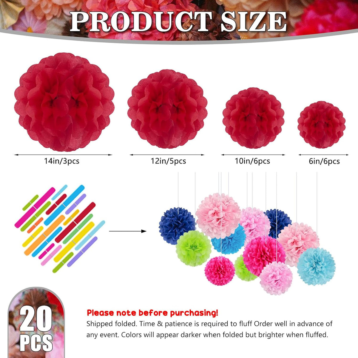 Tissue Paper Pom Poms, Red Tissue Paper Flowers, Hanging Flower Balls for Weddings Fiesta Parties