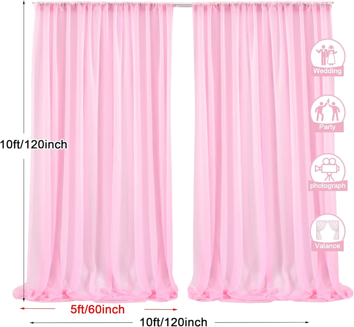 PARTISKY 10x10ft Pink Chiffon Sheer Backdrop Curtains, Wrinkle-Free Wedding Backdrop Drapes for