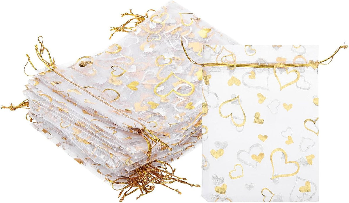 PATIKIL 100 Pcs 5x7 Inch Heart Printed Organza Bags, Gold Silver Sheer Heart Organza Bags with