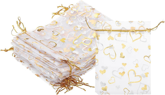 PATIKIL 100 Pcs 5x7 Inch Heart Printed Organza Bags, Gold Silver Sheer Heart Organza Bags with