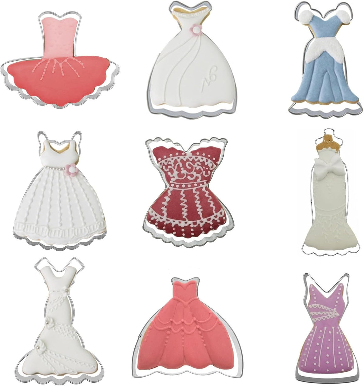 Mini Dress Cookie Cutter Set of 9 pcs, Stainless Steel Mini ONE-BITE SIZE Wedding Dress Shaped