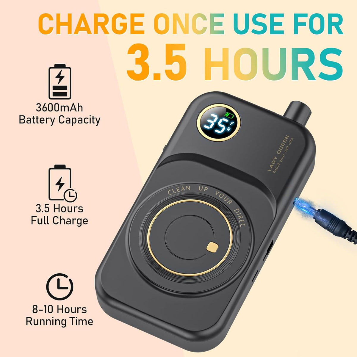 Portable Nail Drill Electric File: 35000RPM Professional Rechargeable Nail E File Machine,for