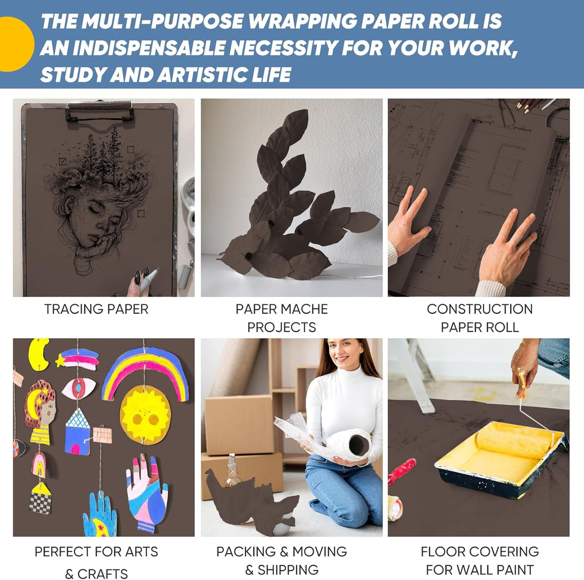 Chocolate Brown Wrapping Paper, 15"x450" Solid Color Dark Brown Art Craft Easel Bulletin Board