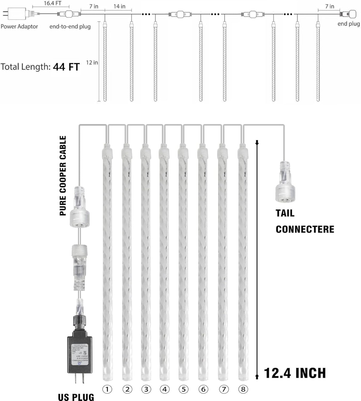 Dazzle Bright 864 LED Christmas Light, Meteor Shower Rain Lights 11.8 Inch 24 Tubes, Waterproof