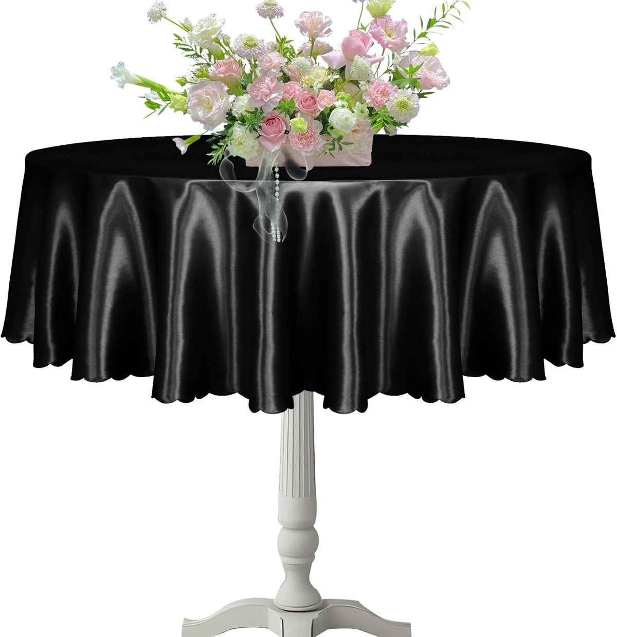 KKJIAF 1 Pack 60 Inch / 5ft Round Table Cloth, Black Overlay Round Satin Table Cover, Silky Satin