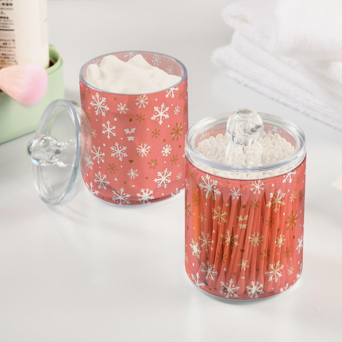 Gredecor 2 Pack Qtip Holder Clear Christmas Golden Pink Snowflakes Apothecary Jars with Lids