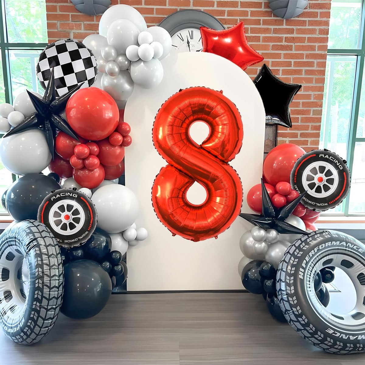 Race Car Birthday Decorations - 40 Inch Mylar Red Number 8 Balloons - Black Foil Checkered Race Car