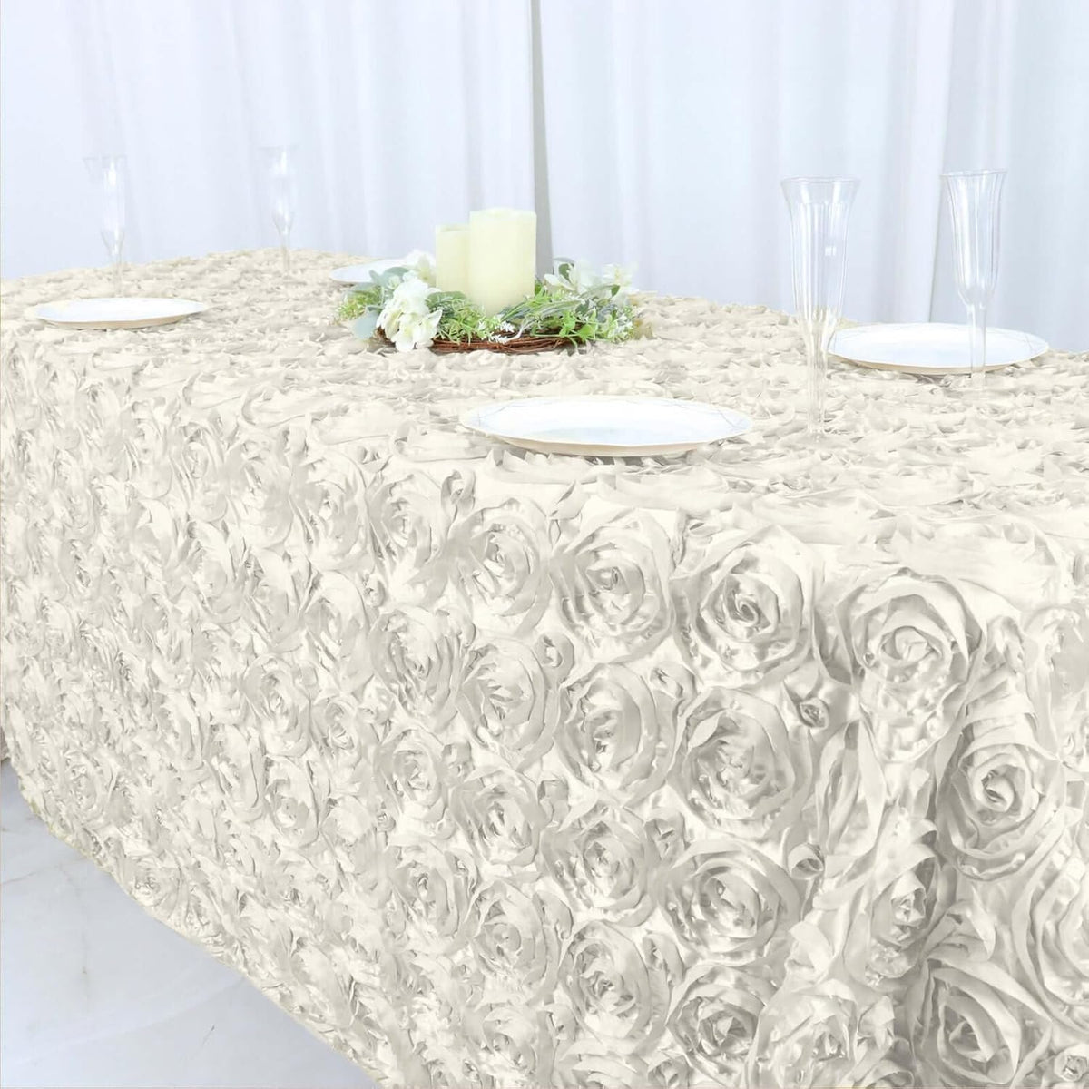 Efavormart 90"x132" Wholesale Rectangle Table Cover Ivory Grandiose Rosette 3D Satin Tablecloth for