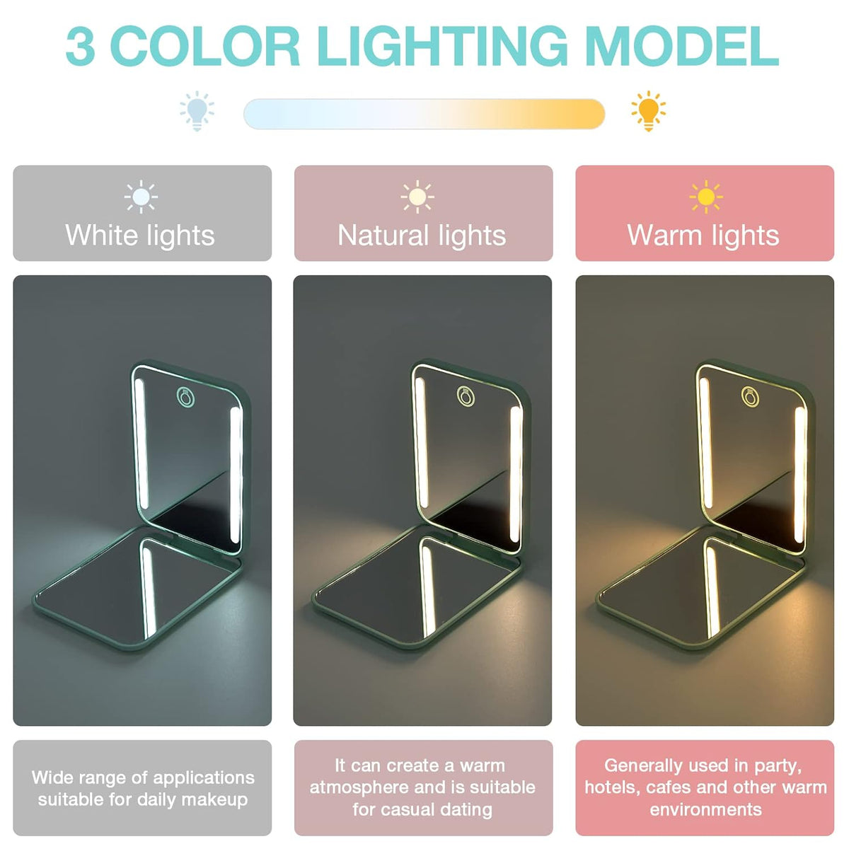 Kintion Rechargeable Pocket Mirror, Double Sided 1X/3X Magnification Compact Vanity Mirror, 3 Color