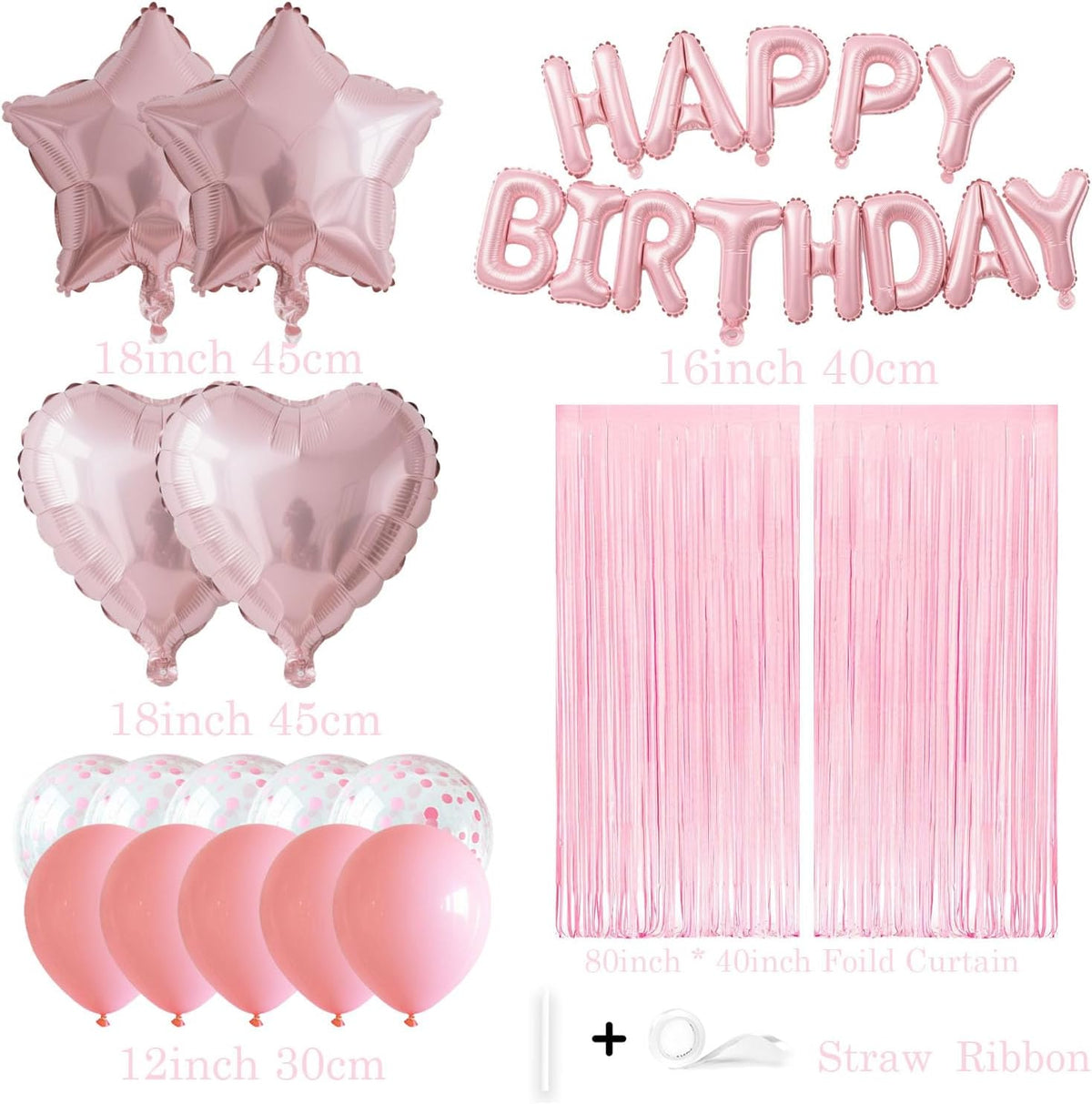 29 Pcs Pink Birthday Party Decorations - Happy Birthday Balloons Banner Baby Pink, Heart & Star