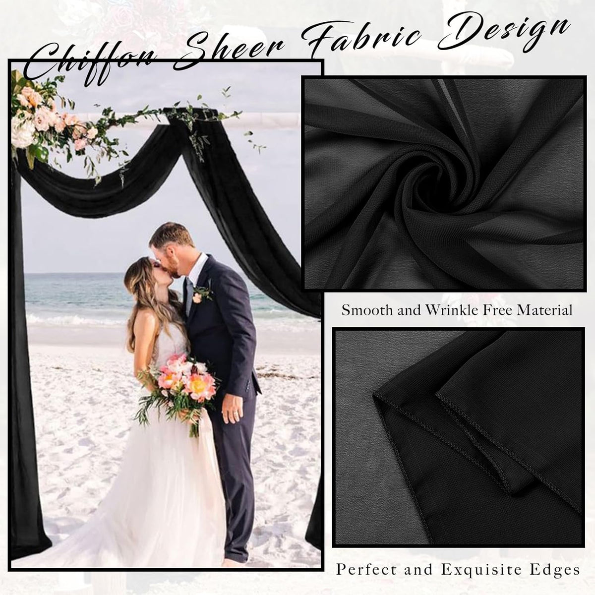 20Ft Length x 28" Width 2 Panels Wedding Arch Draping Fabric Black Arch Drapes Chiffon Fabric Sheer