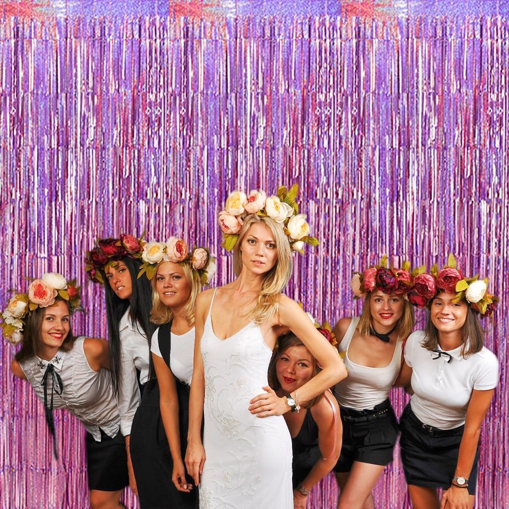 TONIFUL 3Pcs Laser Light Pink Door Streamers,Laser Pink Photo Booth Backdrop Metallic Streamers