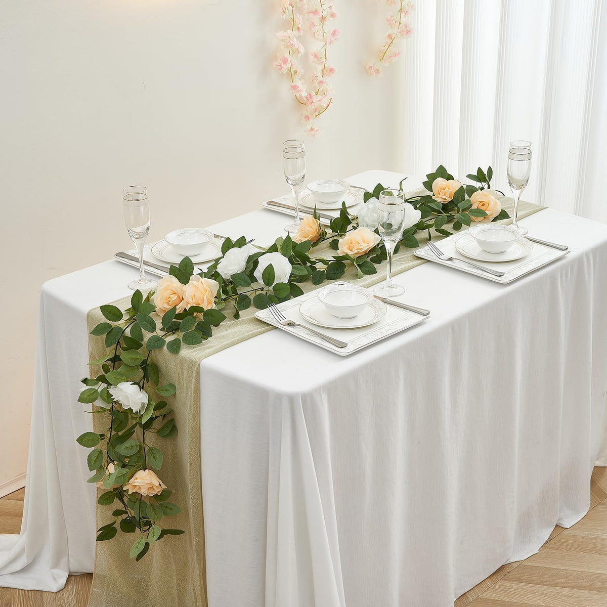 Artificial Rose Garlands Rose Vines Leaves Banners Hanging Floral Garland Fake Rose Flower Vine