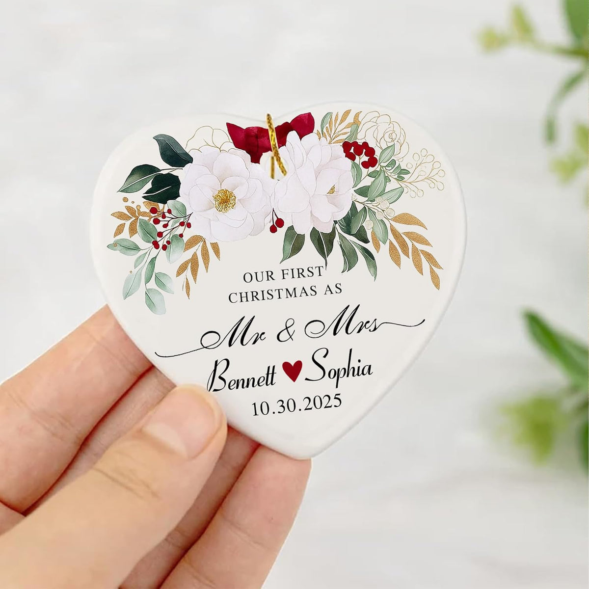 Love Signal Personalized Married Ceramic Ornament, Our First Christmas As Mr Mrs 2025 Ornaments