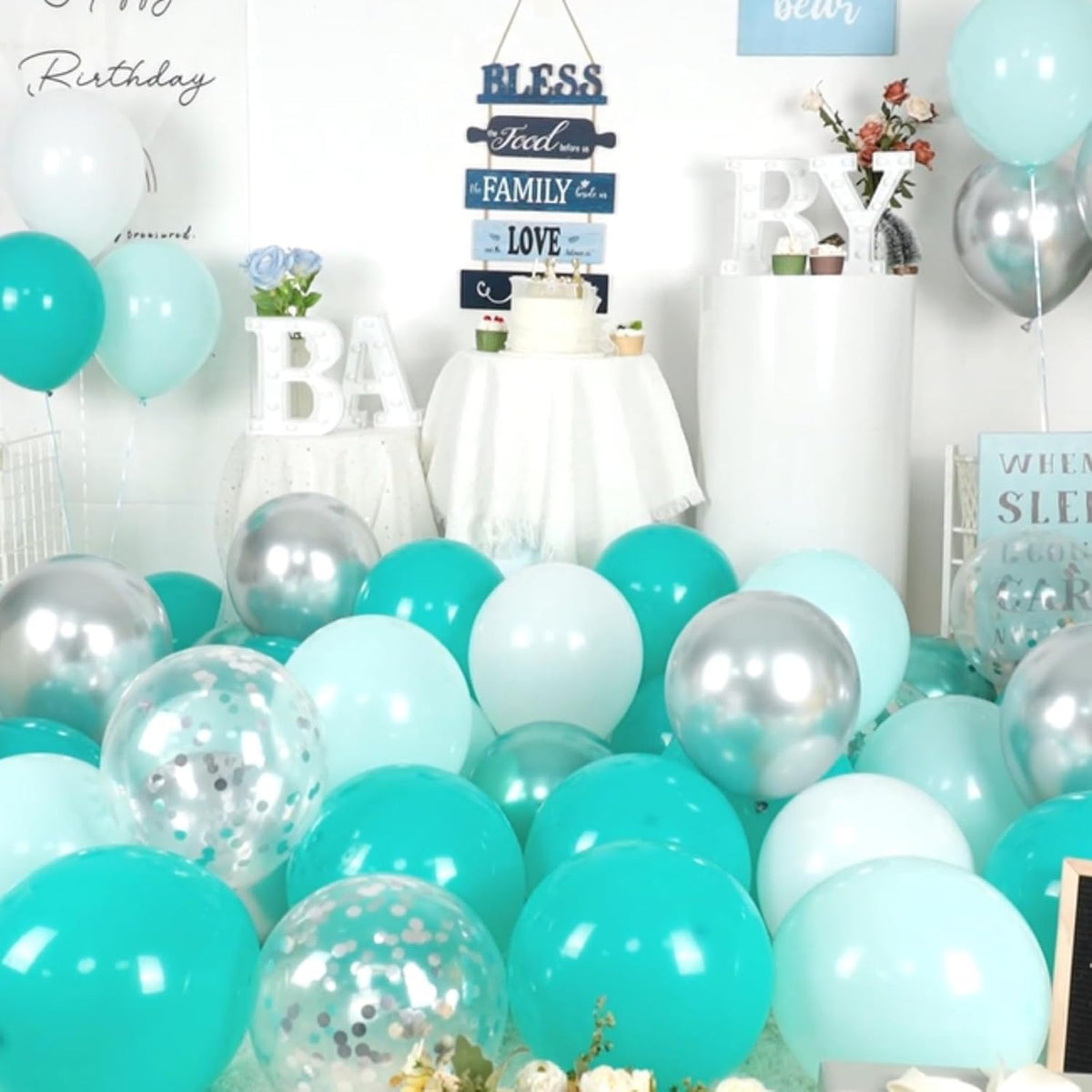 Paready Teal Blue Balloons Set, 50pcs 12 Inch Turquoise Metallic Green Confetti Silver White