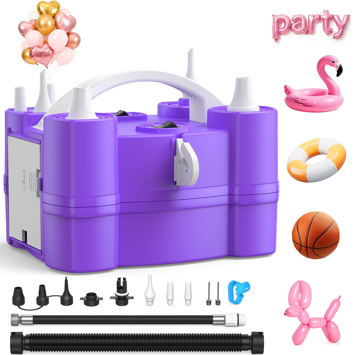 Electric Balloon Pump, 4-in-1 Triple Nozzles for All Balloons - Purple