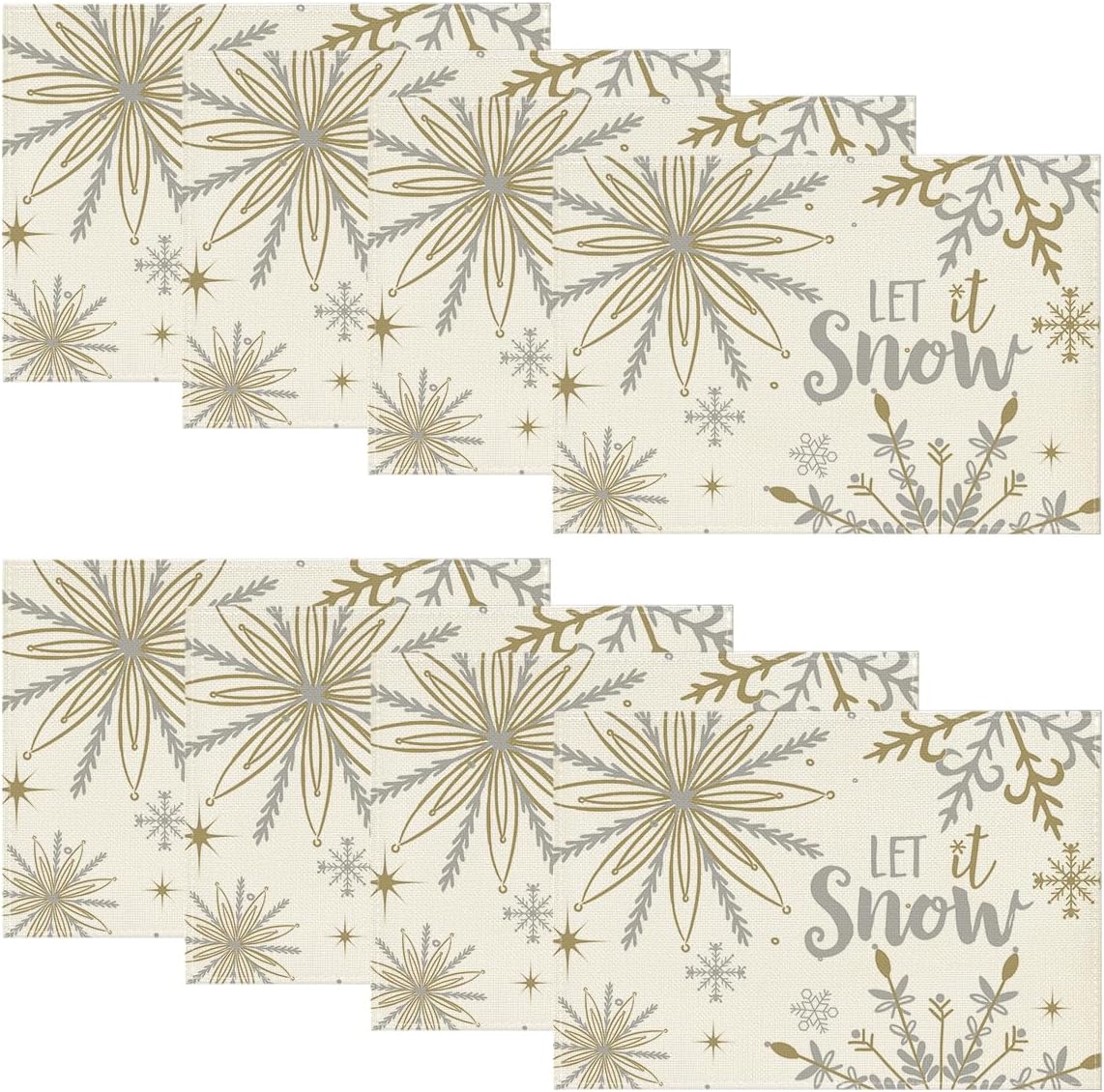 Artoid Mode Beige Snowflake Let It Snow Winter Placemats Set of 8, 12x18 Inch Seasonal Christmas