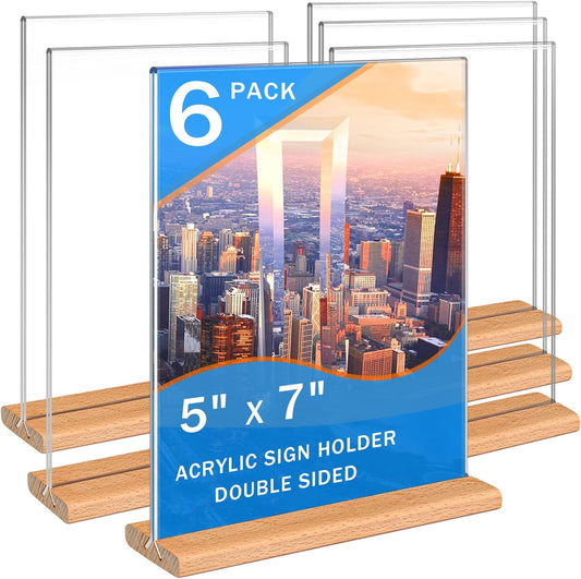 Kersally Acrylic Sign Holder 5 x 7, 6 Pack Double-Sided Clear Table Display Stands with Wood