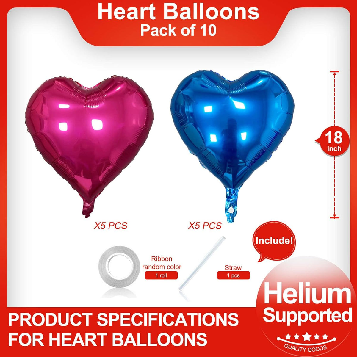 Pink Heart Shaped balloons Pack of 10,18 Inch Love Valentine Balloons Blue Heart Romantic Balloons