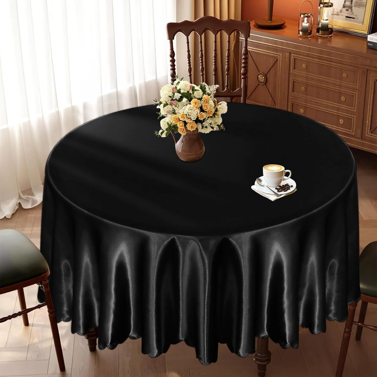 KKJIAF 1 Pack 60 Inch / 5ft Round Table Cloth, Black Overlay Round Satin Table Cover, Silky Satin