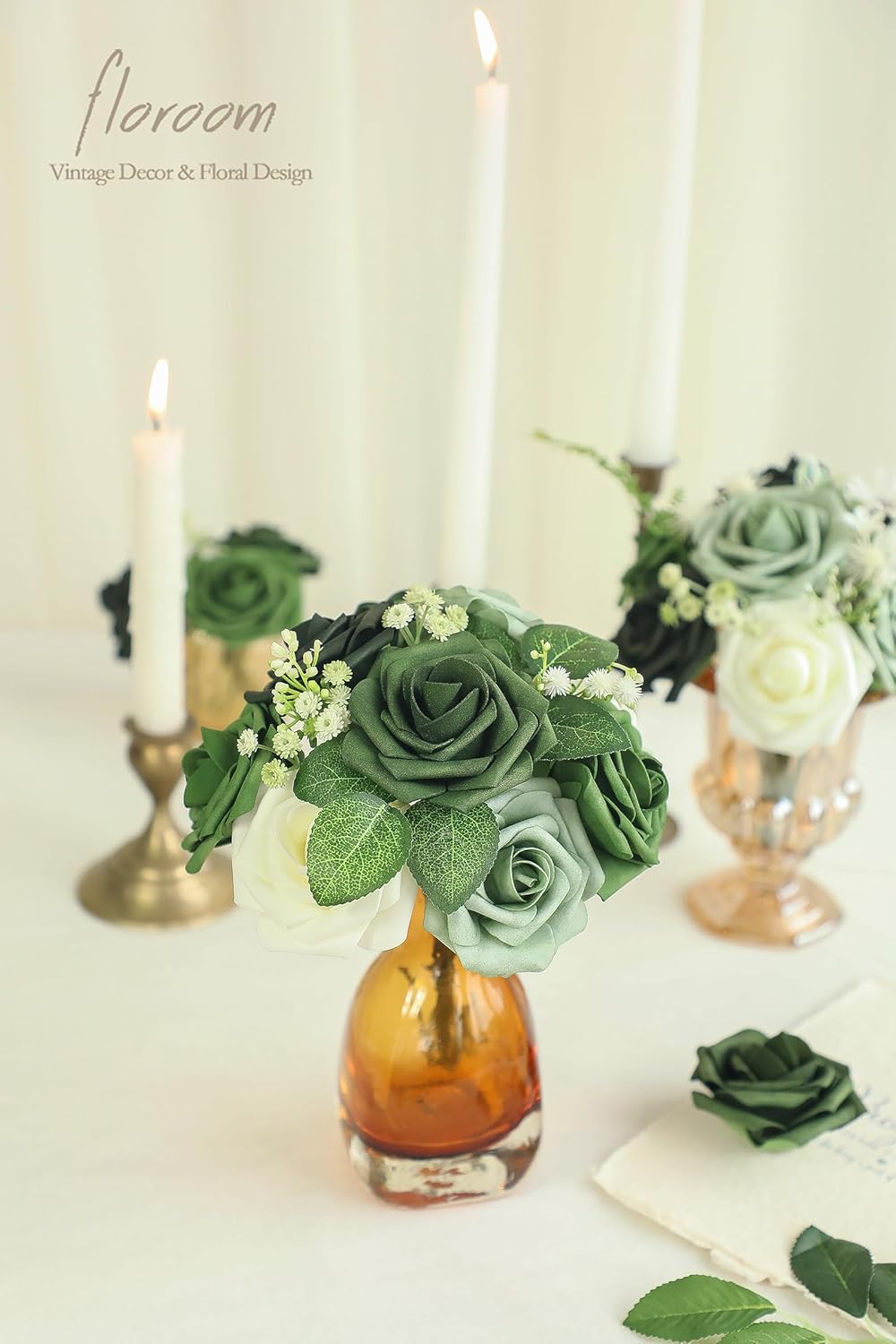 Floroom Artificial Flowers 25pcs Real Looking Forest Green Ombre Colors Foam Fake Roses with Stems