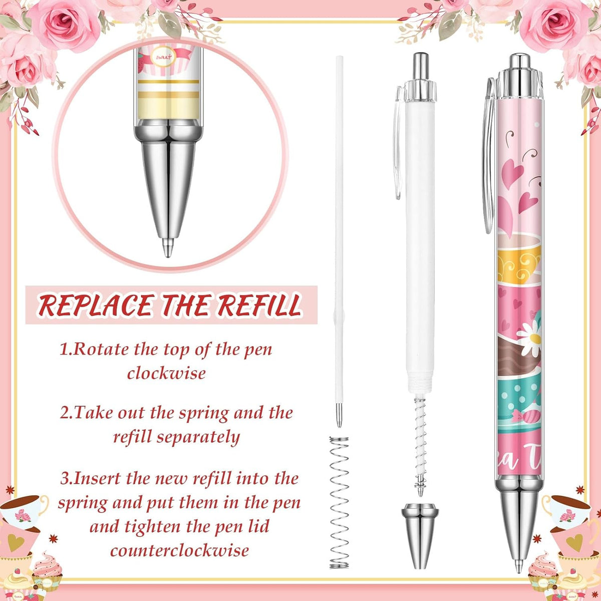 24 Pcs Tea Party Gift Pens Bulk Floral Tea Party Favors Pink Themed Party Decorations Tea Ballpoint