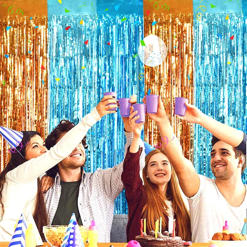 TONIFUL Orange Blue Door Streamers,Blue and Orange Photo Booth Backdrop Metallic Streamers Foil