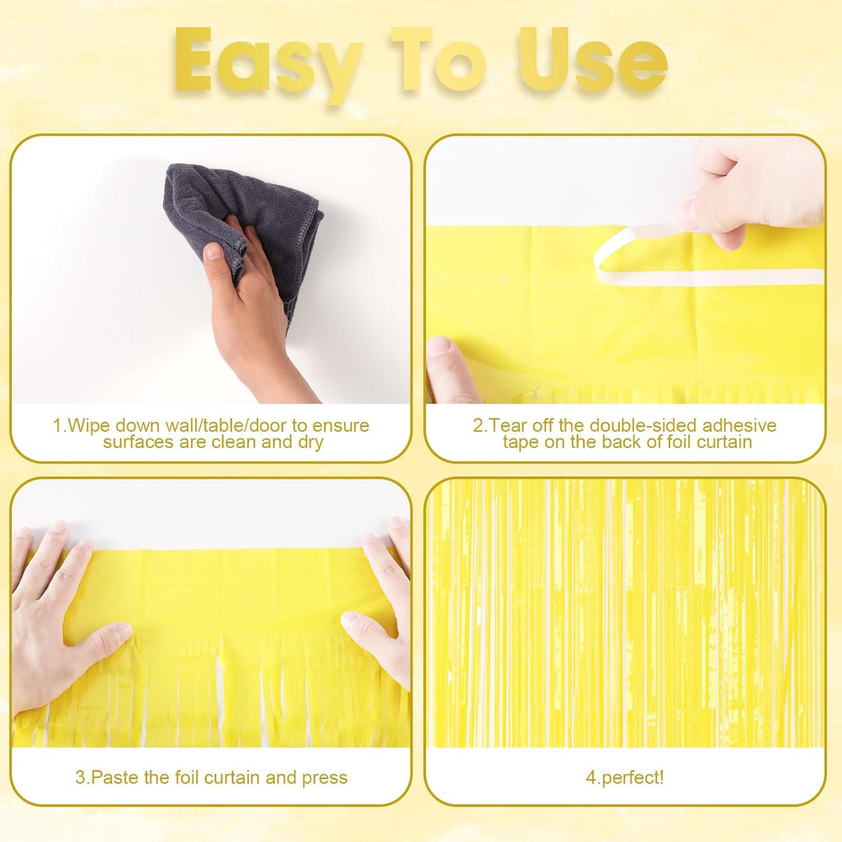 3 Pack 3.3 x 8.2 ft Pastel Yellow Foil Fringe Backdrop Curtains, Tinsel Streamers Birthday Party