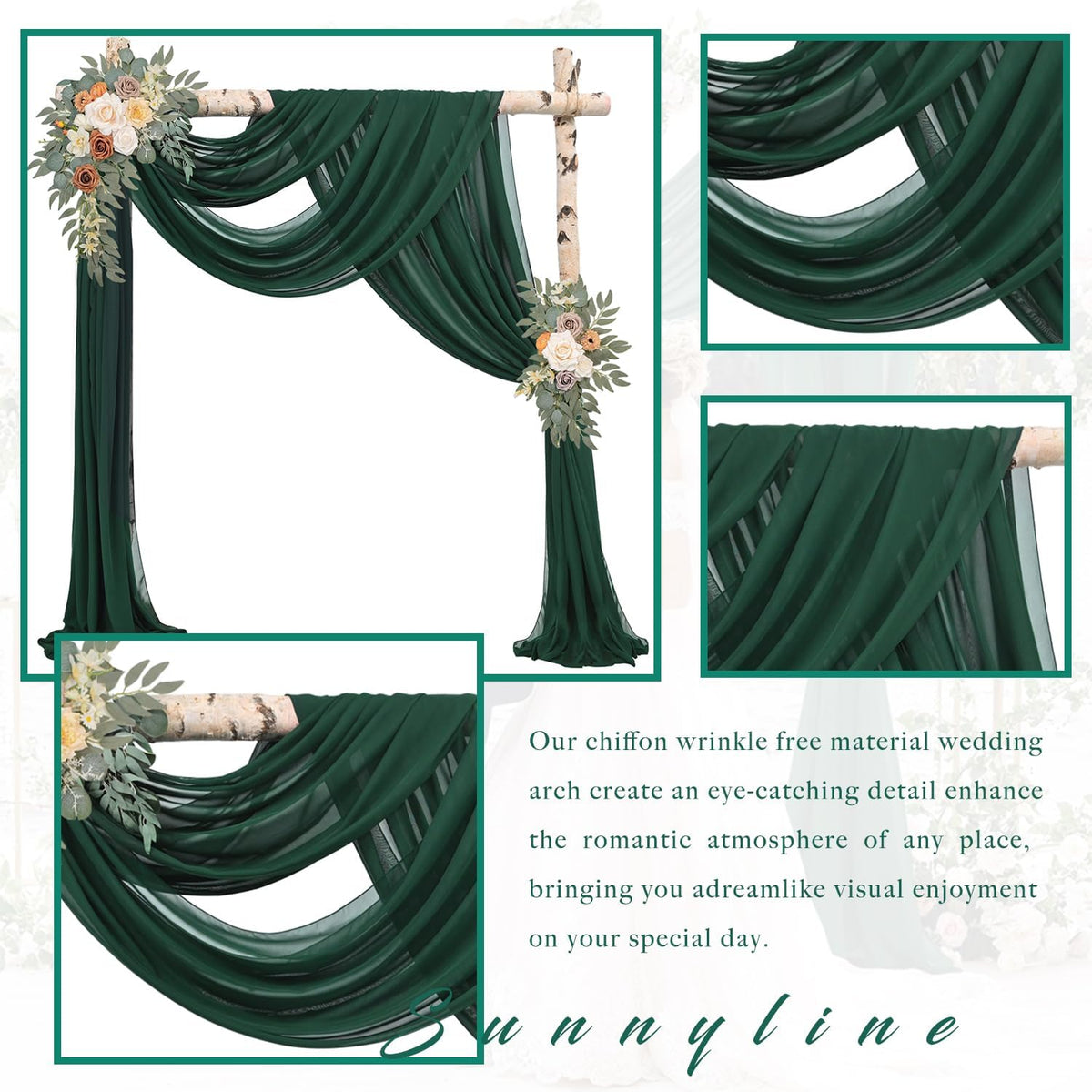 Emerald Green 4 Panels Wedding Arch Draping Fabric 20Ft Length x 28" Width Arch Drapes Chiffon