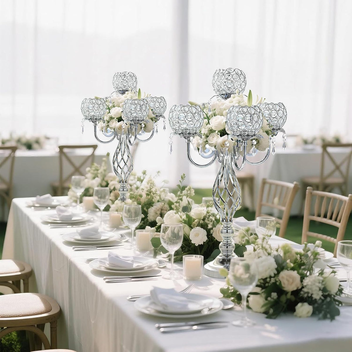5-Arm Crystal Candelabra Centerpiece 23.2" Tall - Elegant Candle Holder Stand with Crystal Bowl