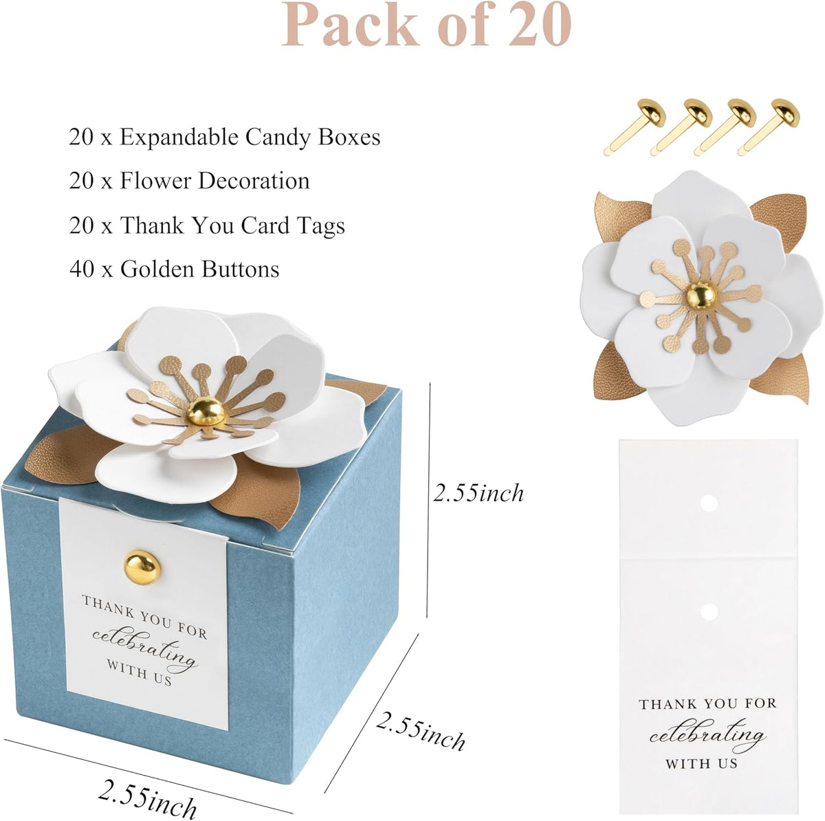 FEIYI 20 PCS Candy Boxes, 3 In 1 Dusty Blue Favor Boxes with Floral Decor, White Thank You Tags