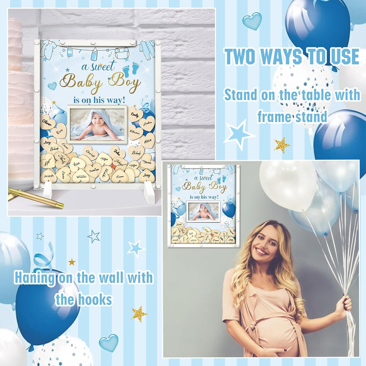 65 Pcs Blue Baby Shower Guest Book Alternatives He or She Gender Reveal Baby Shower Decorations