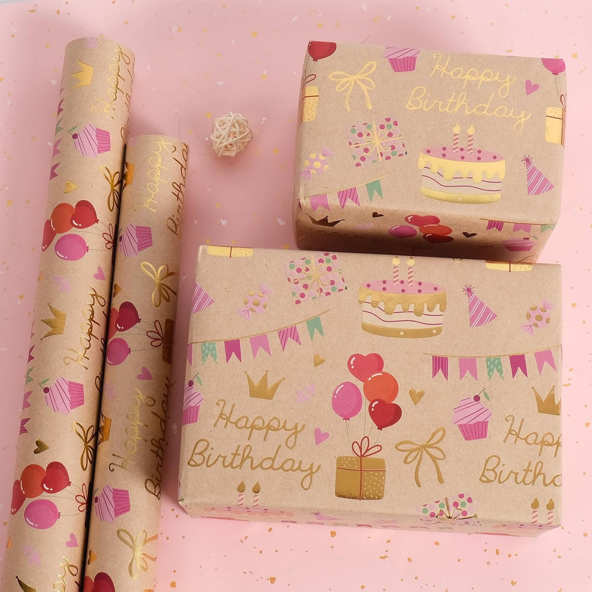 Aimyoo Birthday Wrapping Paper Roll - 17 Inch X 32.8 Feet - Gold Foil Celebration Cake, Gift