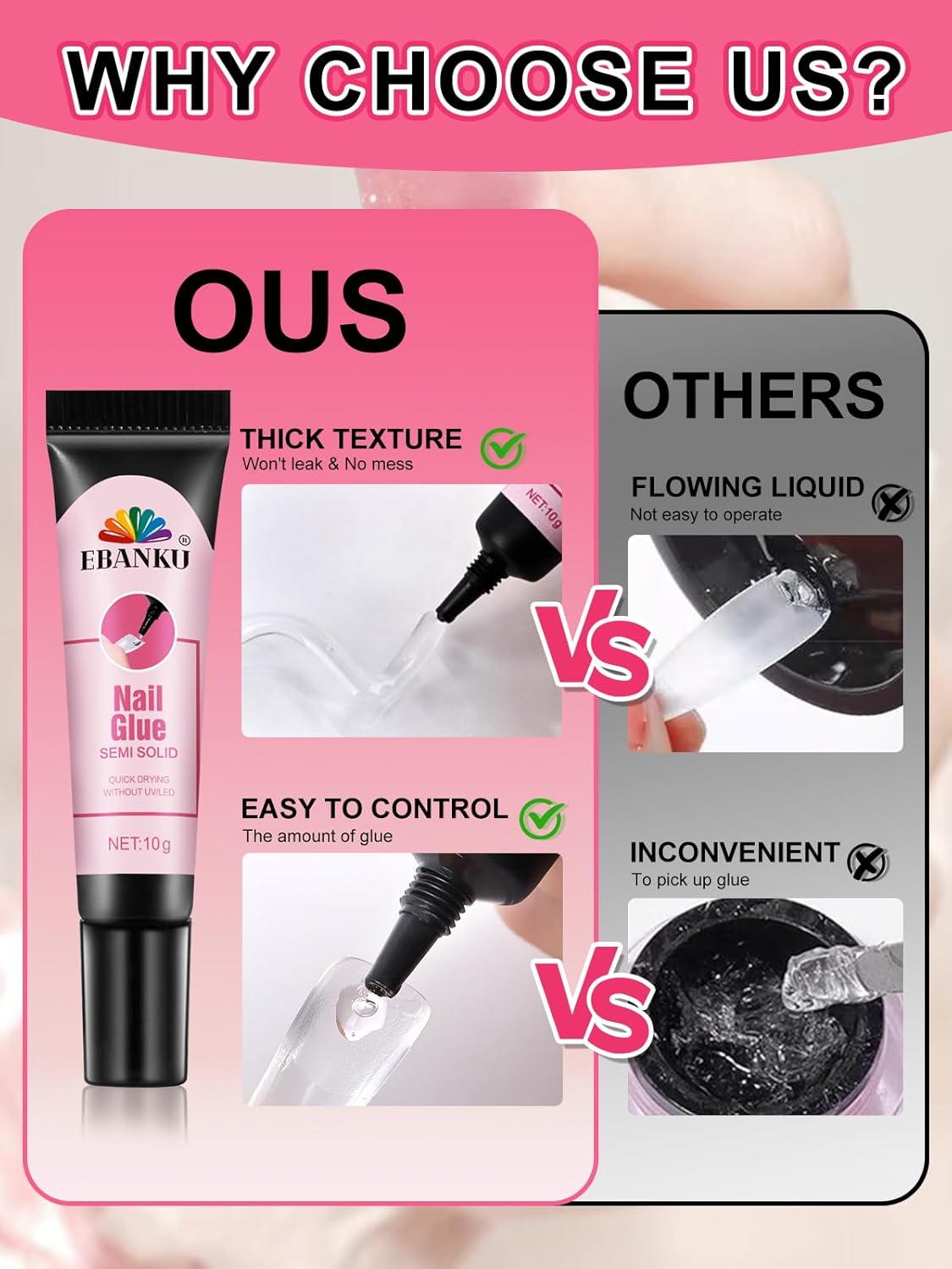 3PCS Quick Drying Solid Nail Glue for Press ons, EBANKU 30g Super Strong Glue Semi Solid Nail Gel