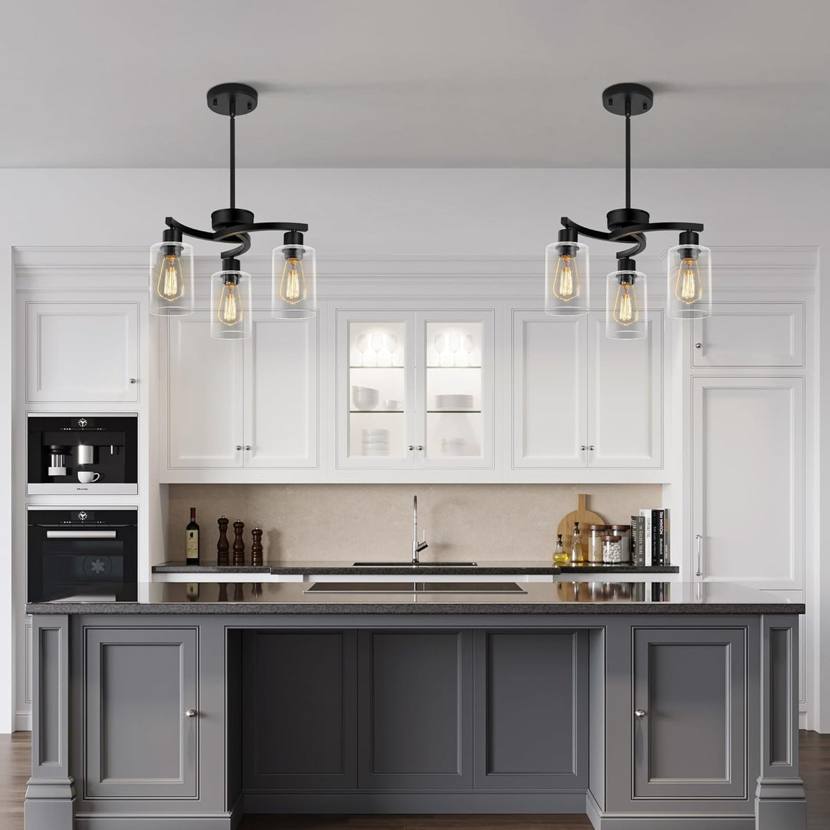3-Light Modern Farmhouse Black Pendant Lights Kitchen Island, Adjustable Height Contemporary